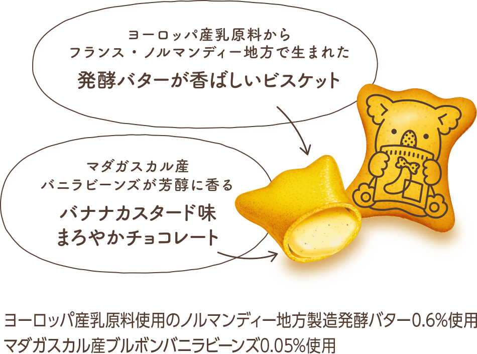 ヨーロッパ産乳原材料使用のノルマンディー地方製造発酵バター0.6%使用、マダガスカル産ブルボンバニラビーンズ0.05%使用